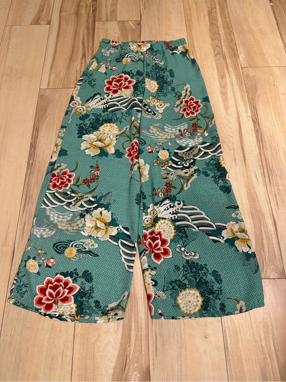 JLUXLABEL Teal Wide-Leg Floral Palazzo Pants with Red & Cream Accents